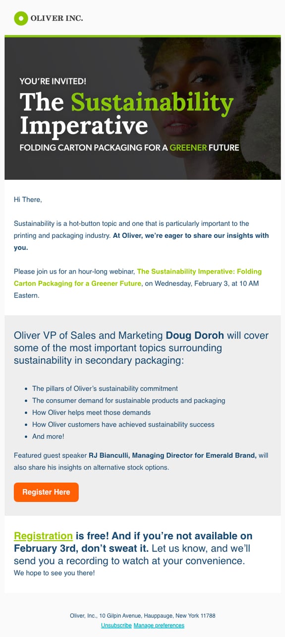  Oliver Inc. marketing email promoting sustainability webinar
