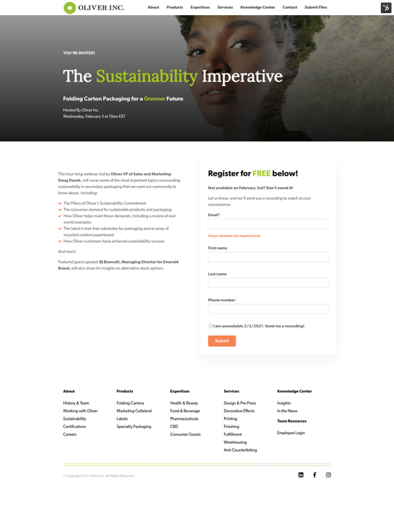  Oliver Inc. Sustainability Landing Page