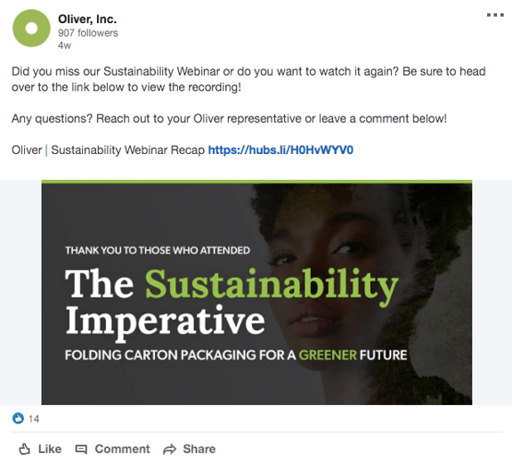  Oliver Inc. Sustainability Email Screenshot