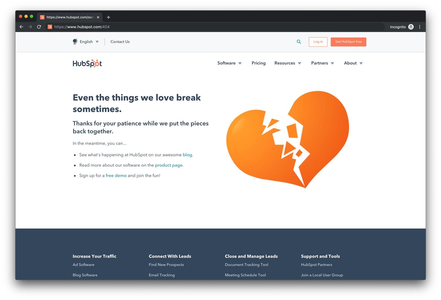 Screenshot of the Hubspot 404 page