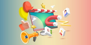 Illustration of a computer with inbound and outbound marketing icons surrounding it like magnets, megaphones, customers and emails.