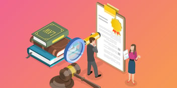 Illustration of characters using magnifying glass to inspect law document with a gavel and law books surrounding.