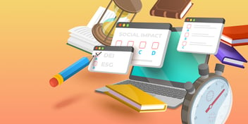 Illustration of computer with books, clock, timers and checkboxes with text - DEI, ESG and Social Impact