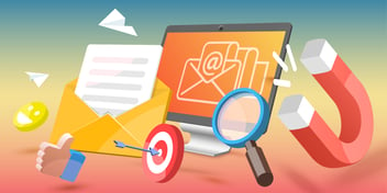 Illustration symbolizing inbound marketing. A computer, magnifying glass, magnet, envelope, target and arrow, thumbs up, smiley face and paper airplanes cover the image.