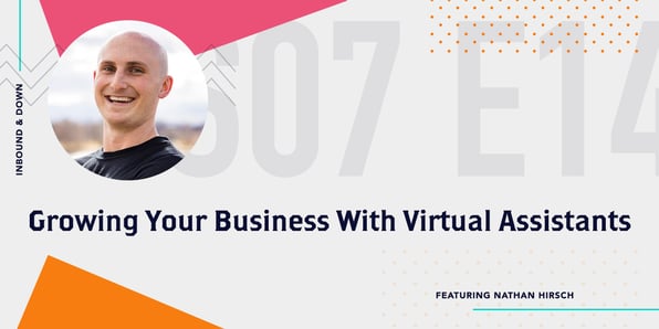Inbound & Down Podcast- Purple text that says S 07 E 14 Growing Your Business With Virtual Assistants featuring Outsource School's Nathan Hirsch with a photo of Nathan Hirsch