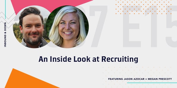 Inbound & Down Podcast- Purple text that says S 07 E 15 An Inside Look at Recruiting ft. HubSearch’s Jason Azocar and Megan Prescott with a photo of Jason Azocar and Megan Prescott