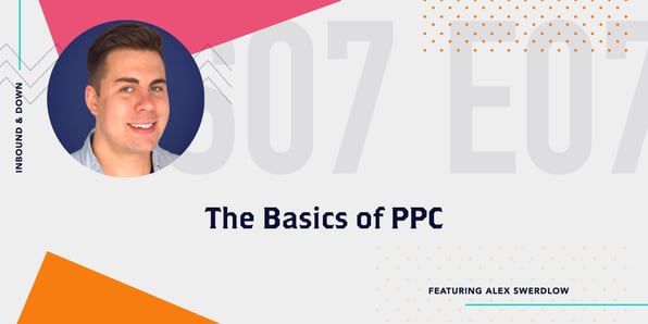 Inbound & Down Podcast- Purple text that says S07 E07 The Basics of PPC featuring Alex Swerdlow with a photo of Alex Swerdlow