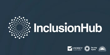 InclusionHub, Morey Creative Studios, Be My Eyes and Accessible Pharmacy logos on a blue background.