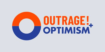 Outrage + Optimism Logo on a light blue background.