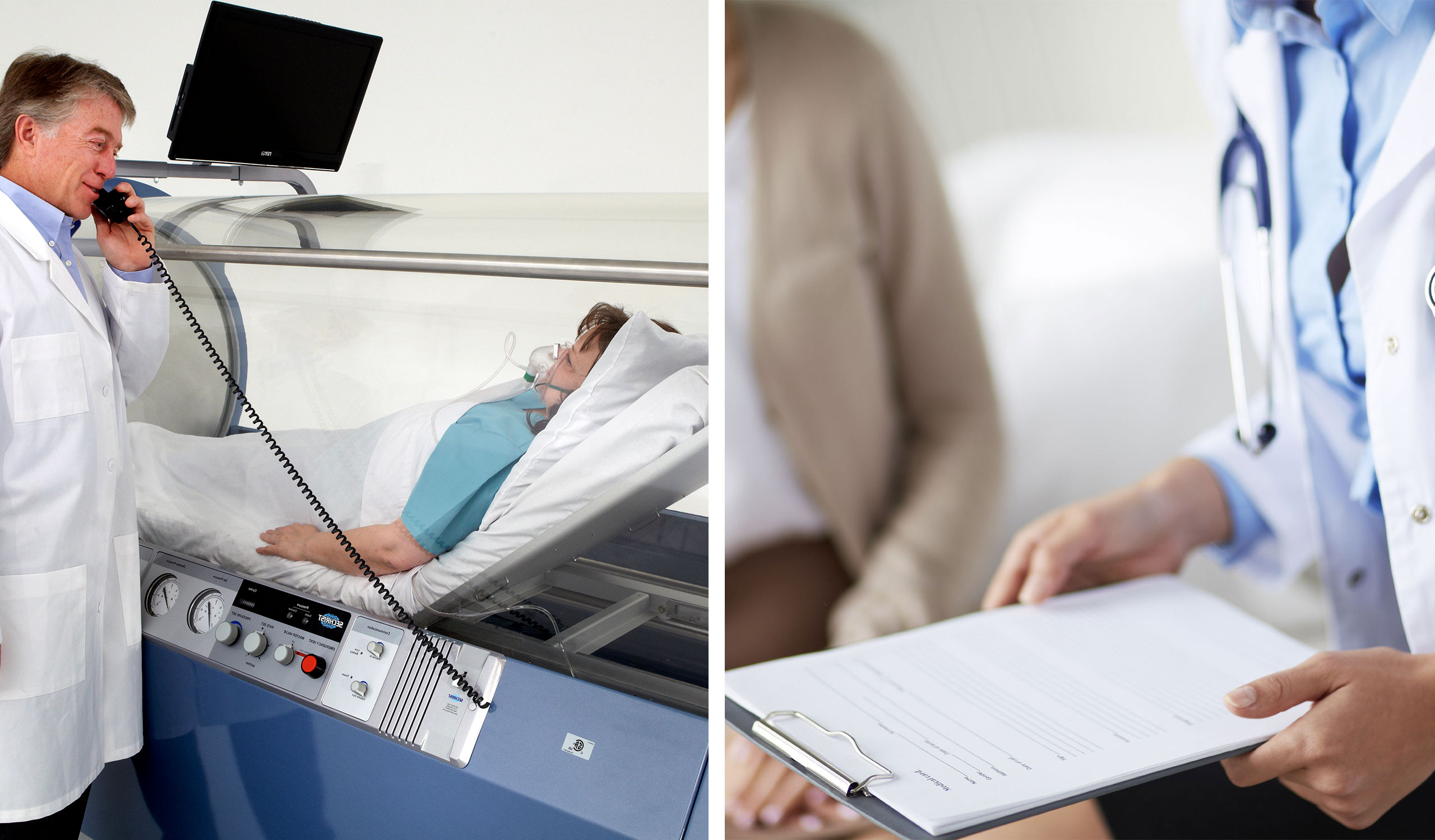 Two images are present. The left shows a doctor speaking to a patient in a hyperbaric oxygen chamber through a black corded phone. The patient wears an oxygen mask inside a clear tube. In the right image, there is a close-up of a patient intake form. 