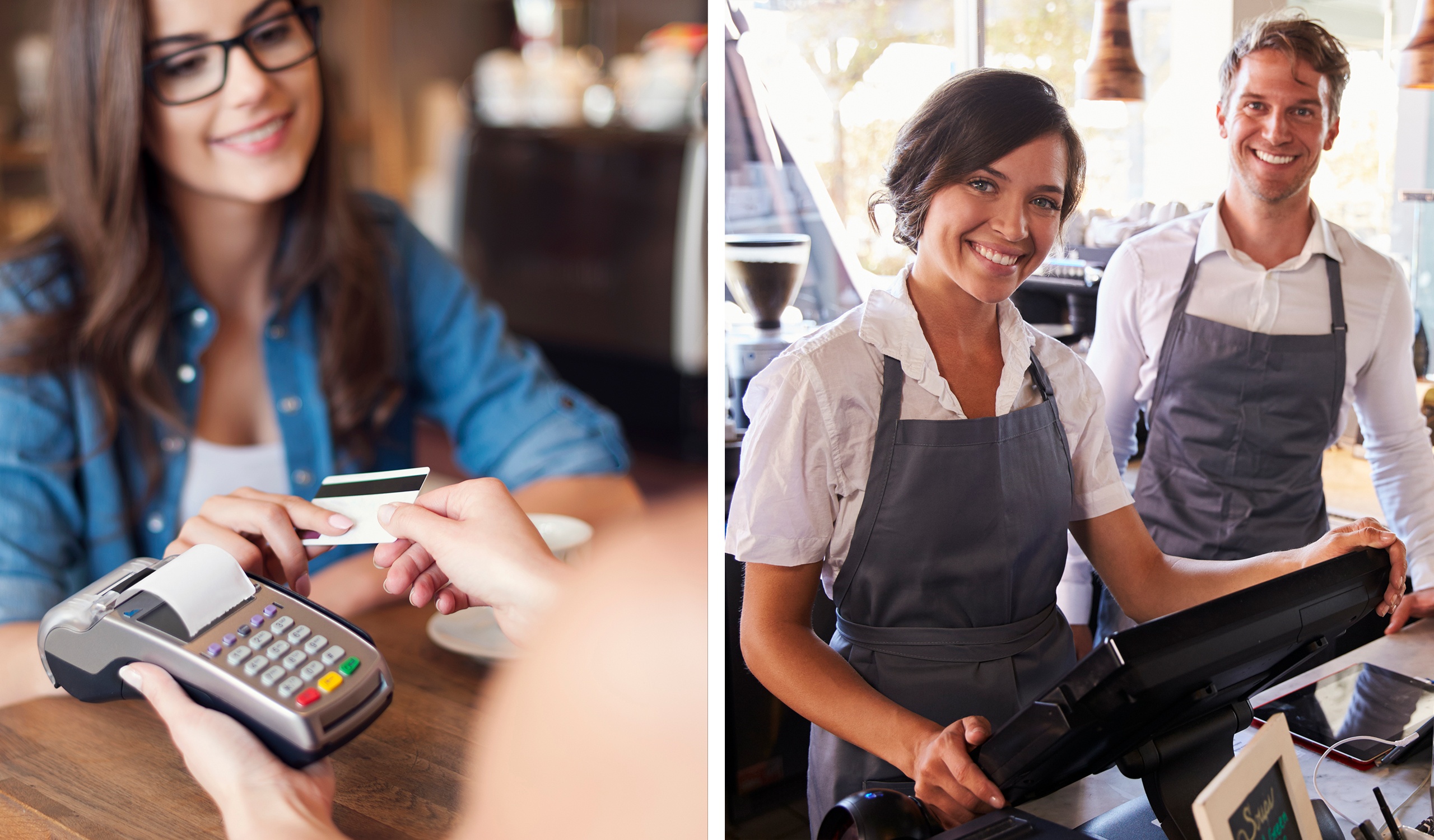 There are two images present. The left depicts a brunette woman with glasses in a blue button-down shirt giving her credit card to a cashier with a credit card reader. On the right, two cashiers in gray aprons stand smiling.