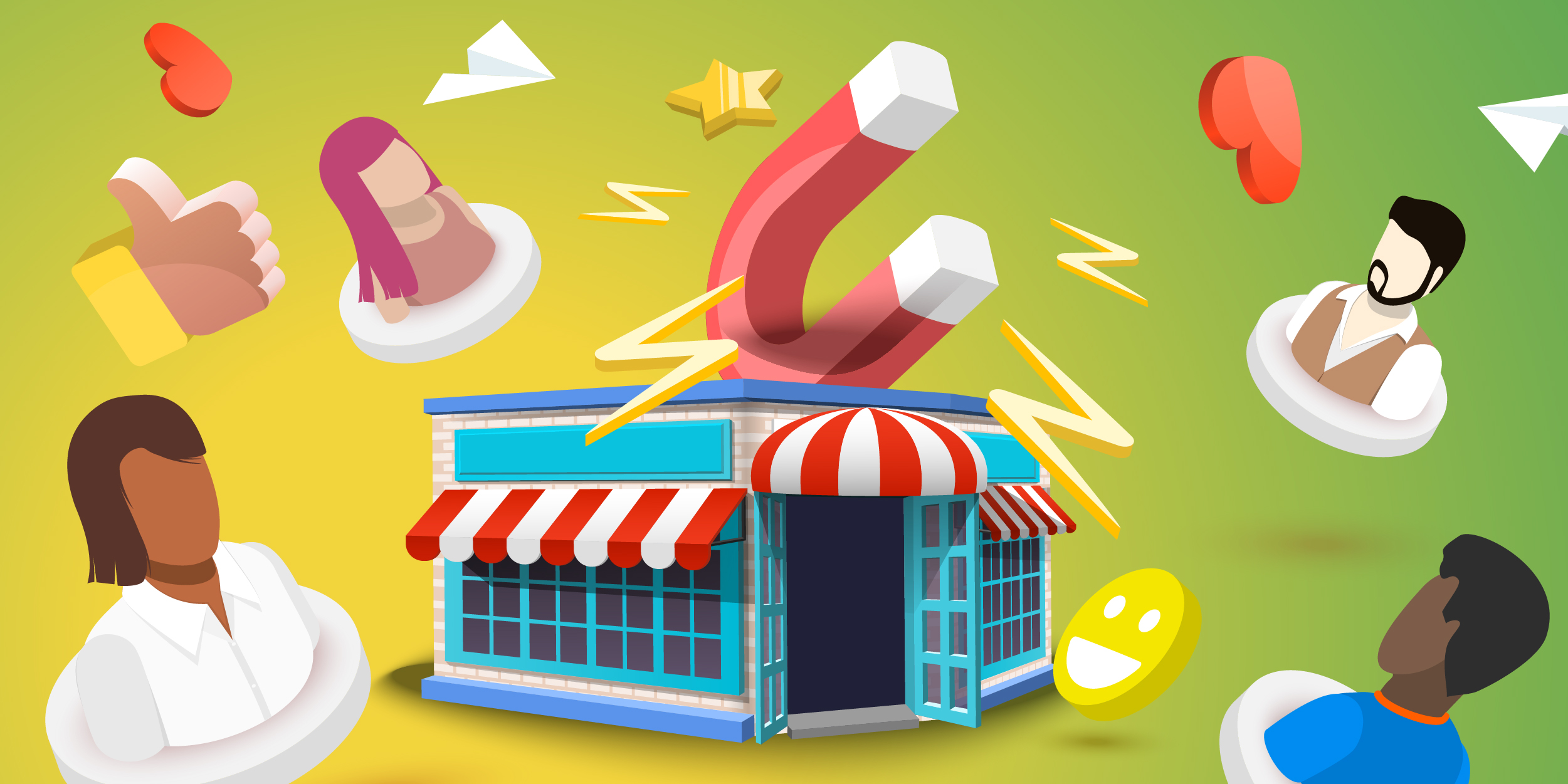 Illustration of a storefront with a magnet coming out of the top attracting people towards it, symbolizing inbound marketing.