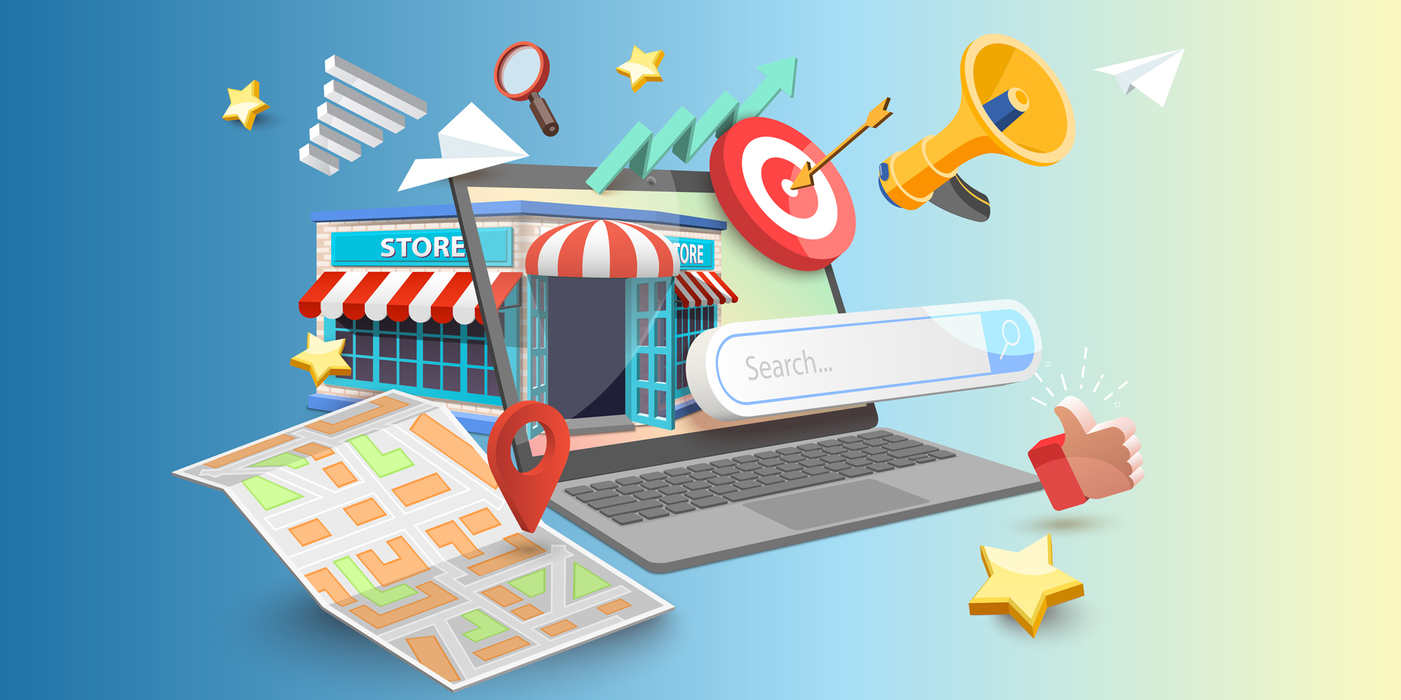 Illustration of store front with search bar, magnifying glass, stars, targets and a map surrounding a laptop displaying the store.