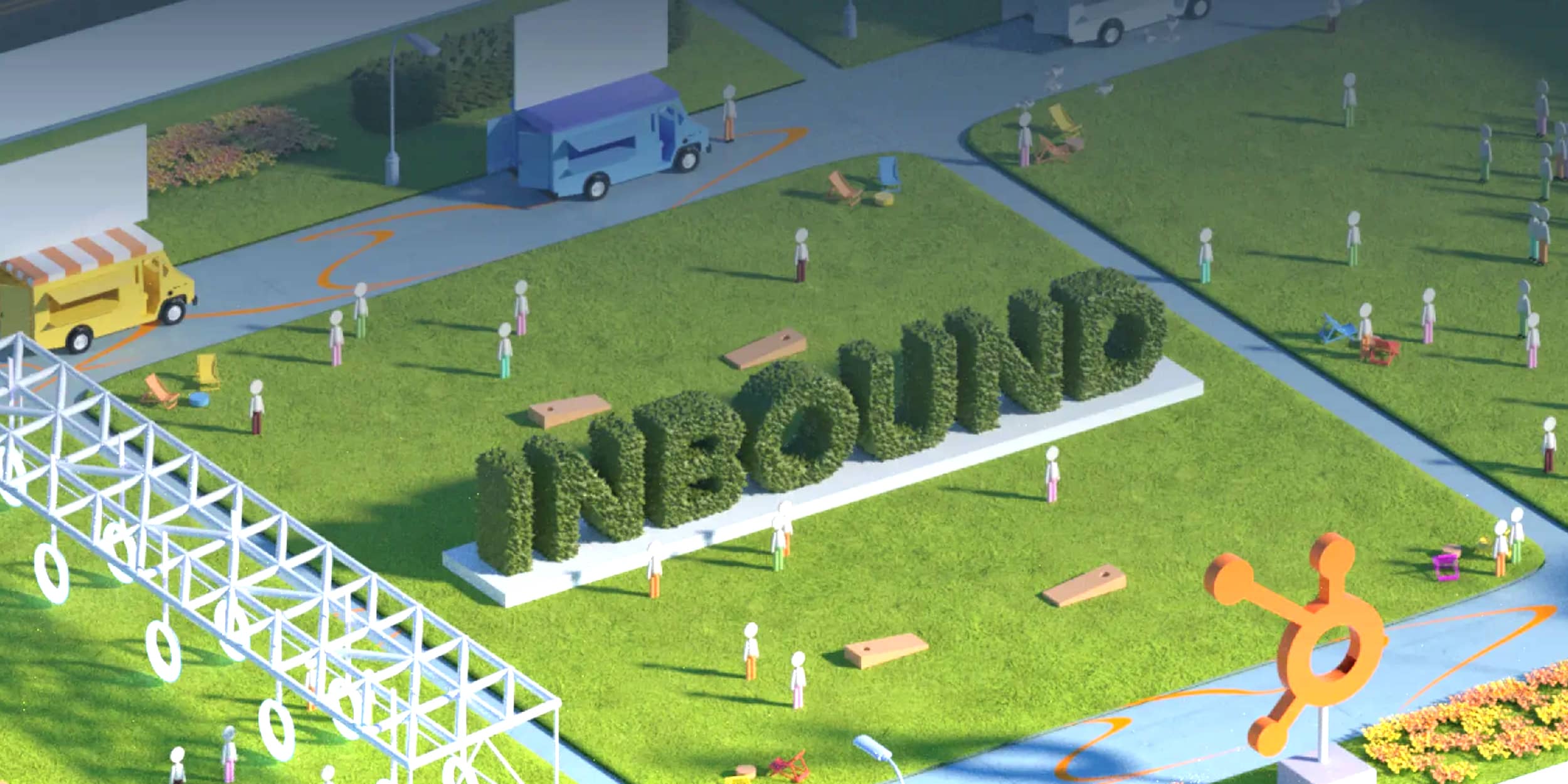 Screenshot from the INBOUND event platform showing a rendering of a grass sculpture that says INBOUND with people surrounding it.