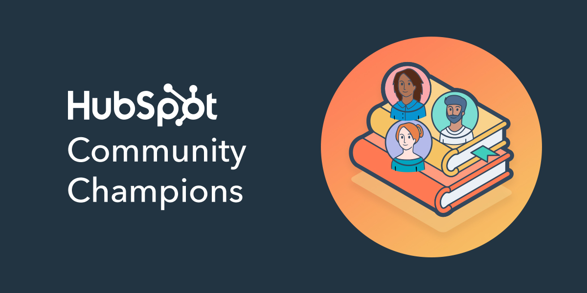 Text that says HubSpot Community Champions with an icon of people and books