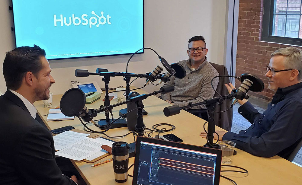 Jed-Morey,-Jon-Sasala-and-Brian-Halligan-podcasting-at-HubSpot-HQ