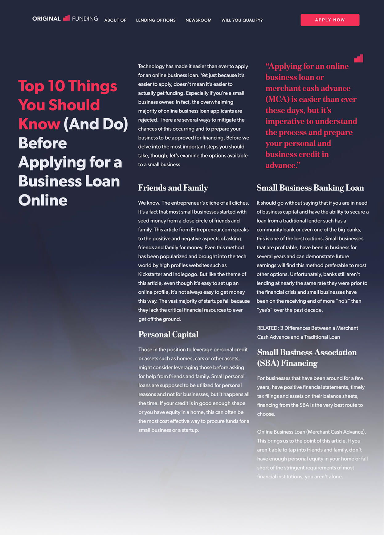 Screenshot of Original Funding Top 10 Things You Should Know (And Do) Before Applying for a Business Loan Online Pillar